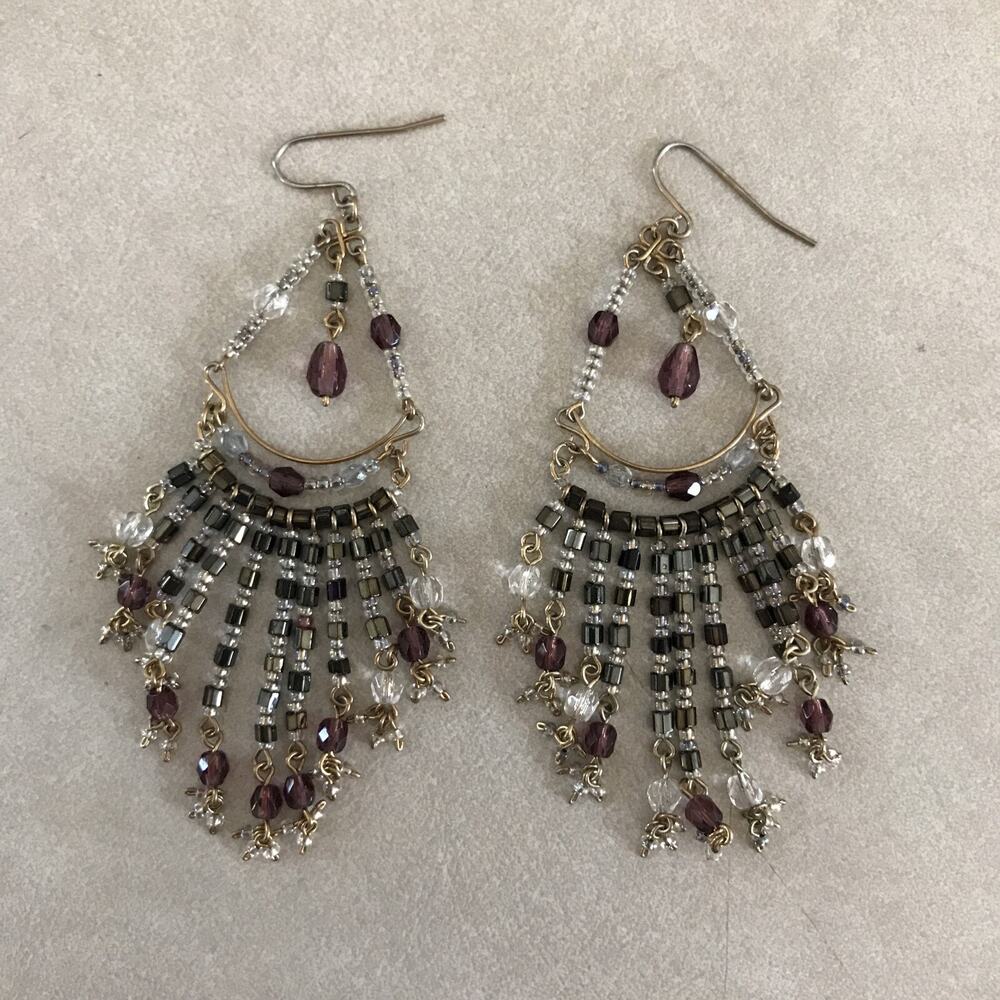 Gold Glass Smoky Amethyst Beaded Chandelier Dangle Drop Festival Dressy Earrings